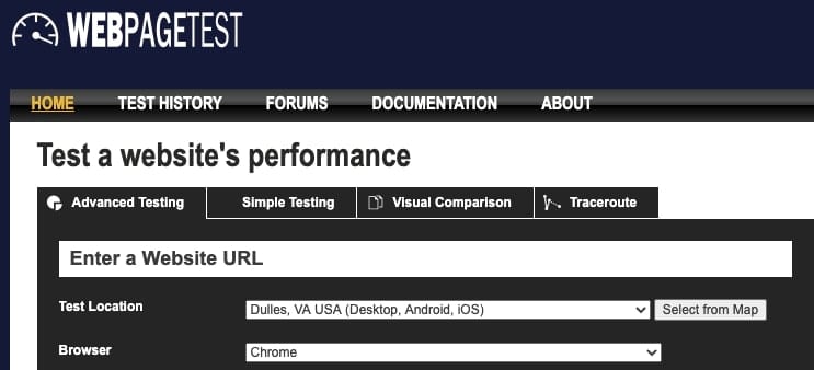 Screenshot showing what settings I used in WebPageTest for each of the Fortune 100 websites I examined while testing load times, Core Web Vitals, and more