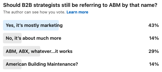 Screenshot of a LinkedIn poll by Lorena with people voting that it should be called account-based marketing b/c it's mostly marketing